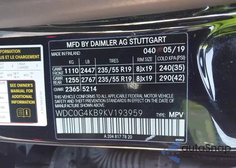 2019 Mercedes-Benz Glc 300 4Matic из США, поврежденный, VIN WDC0G4KB9KV193959